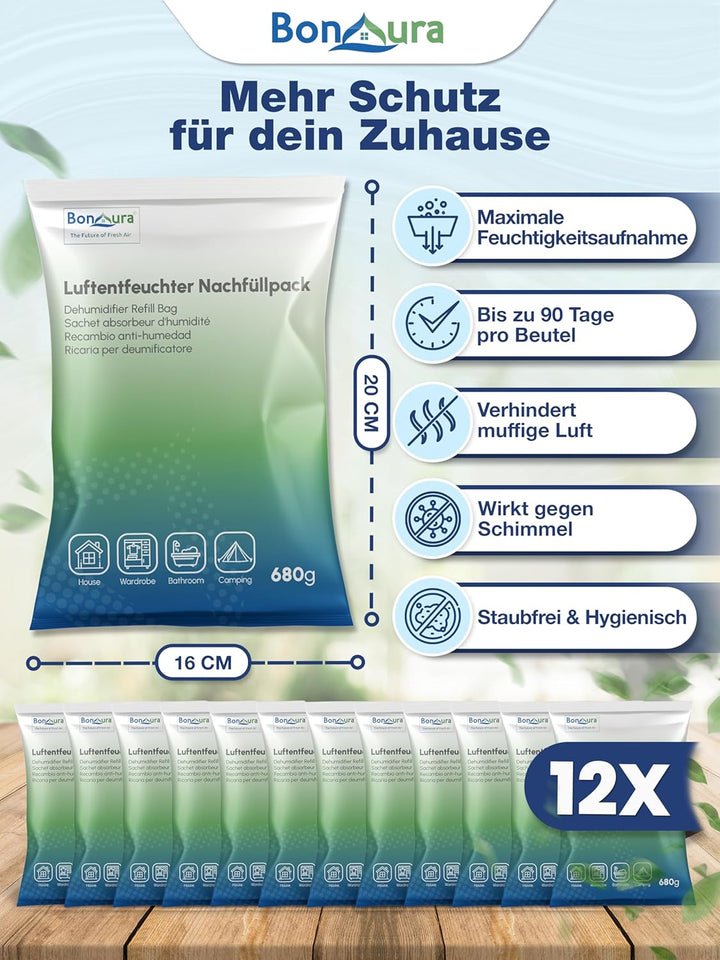 BonAura® AirOne Luftentfeuchter Nachfüllpack I 12er Set 680g Luftentfeuchter Granulat I Entfeuchter