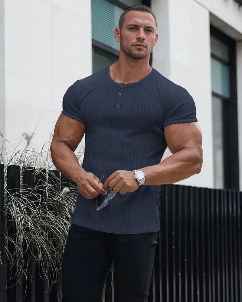 Lehmanlin Langarmshirts für Herren,Henley Langarm/Kurzarm Pullover,Baumwolle Gerippt Stoffe,Schmale