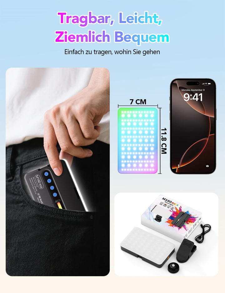 RGB 138 LED Videolicht, Tragbares 2700-6500K Handy Licht, Wiederaufladbar 1800mAh CRI95+ Selfie Lich