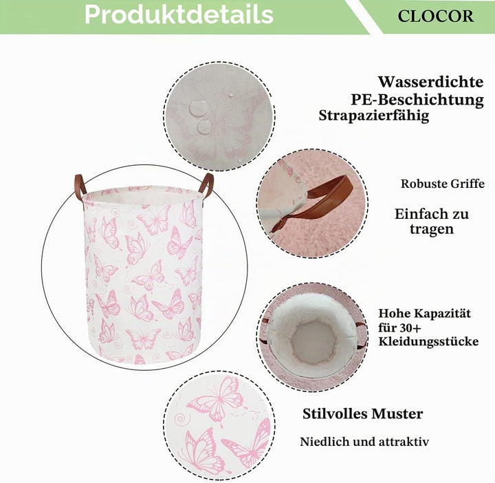 CLOCOR Rosa Wäschekorb, wasserdichter Kinderzimmer-Korb für Baby-Mädchen, faltbare Aufbewahrungskörb