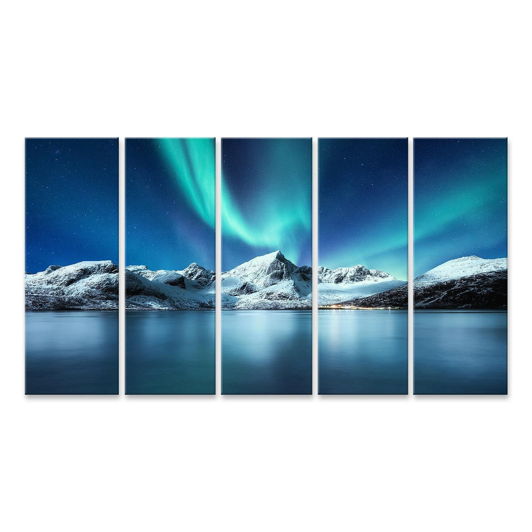 islandburner Leinwandbild Aurora Borealis Lofoten Inseln Norwegen Nordlichter Berge Reflexion Wa - L