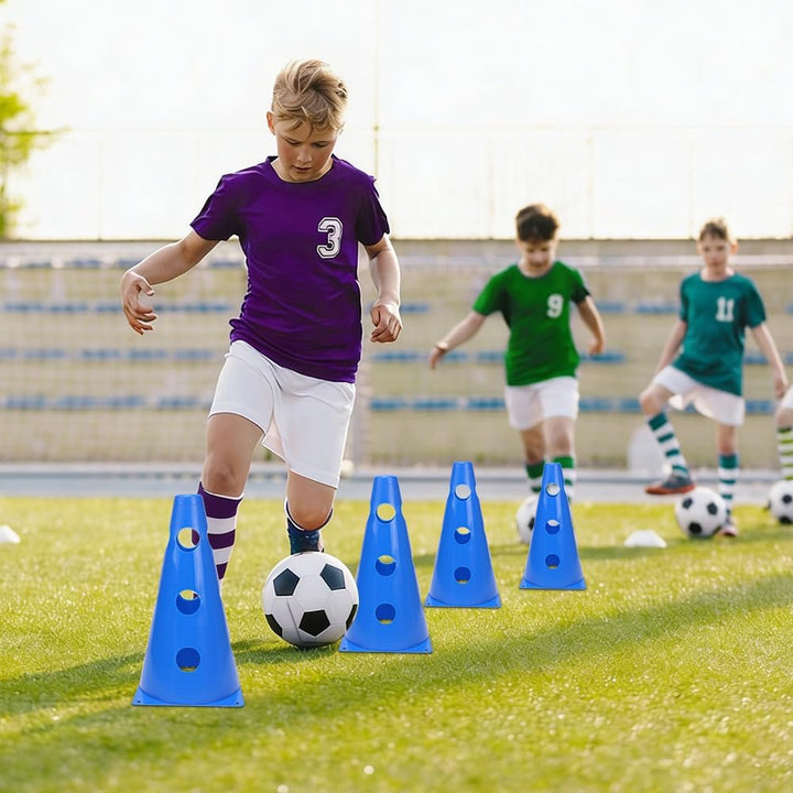 Sports Steckhürdenset 10 Kegel + 5 Stangen, 23cm Höhe, 80cm Länge, Koordinationstraining für Kinder,