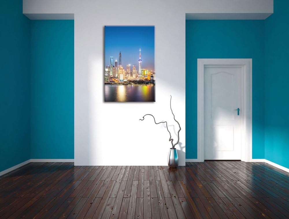 Shanghai Skyline, Format: 100x70 auf Leinwand, XXL riesige Bilder fertig gerahmt mit Keilrahmen, Kun