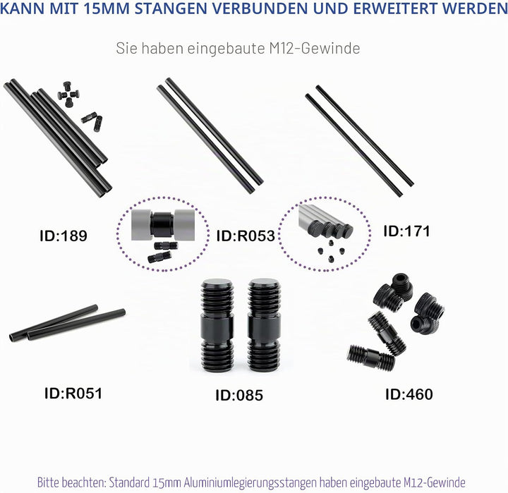 NICEYRIG 15 mm Stangen mit M12 Gewinde Rod Gap Rod-Anschluss zu verlängern für 15 mm Schulterpolster