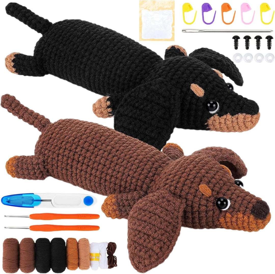 CEWROM Häkelset für Anfänger, 2 Komplett Dackel Hund Häkeln Set, mit Garnhaken, Nadeln, Häkelset, An