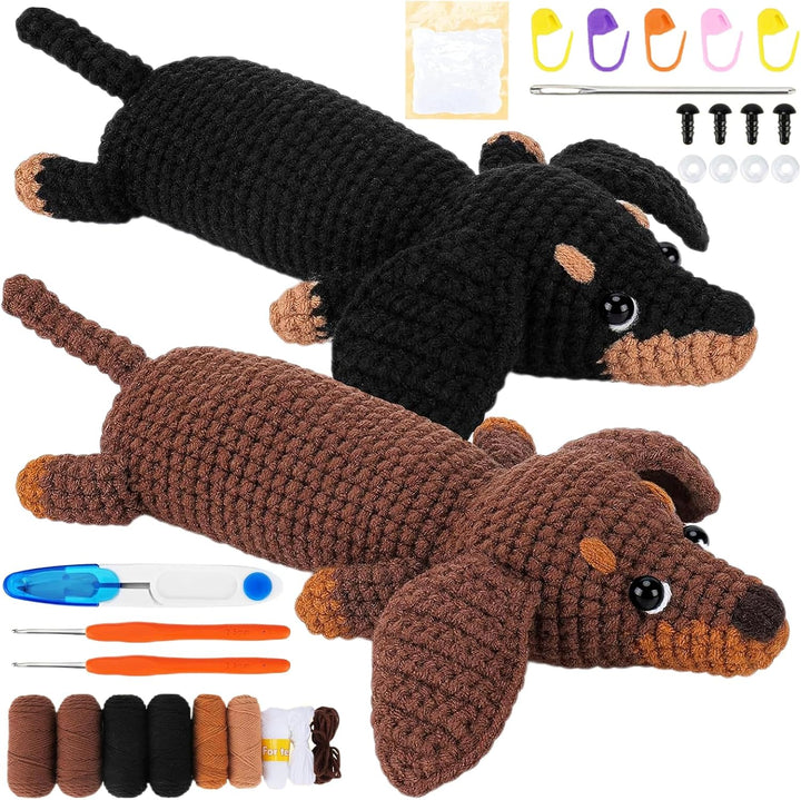 CEWROM Häkelset für Anfänger, 2 Komplett Dackel Hund Häkeln Set, mit Garnhaken, Nadeln, Häkelset, An