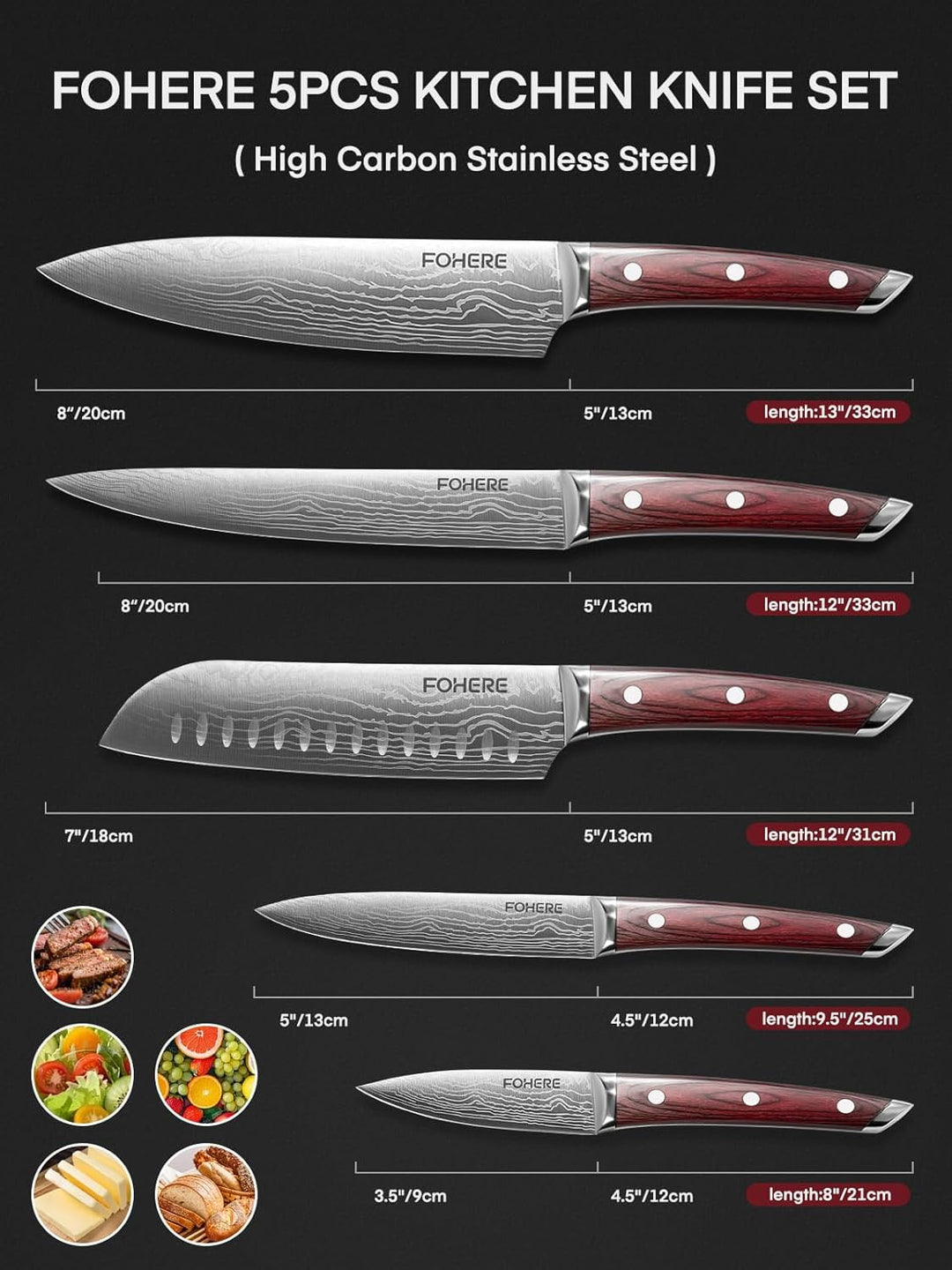 FOHERE Messerset, 5-teilig Ultra Scharfes Küchenmesser Set, Hochwertigem Carbon Edelstahl Messer Set