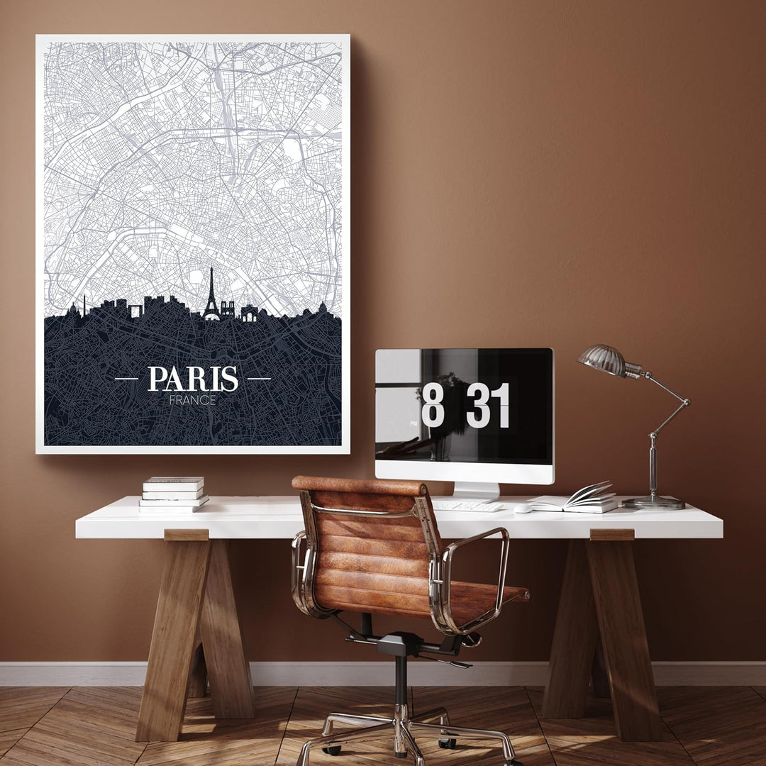 wandmotiv24 Stadt Karte als Leinwandbild, 100x75cm, Hochformat, Paris, Frankreich, Skyline, Silhouet