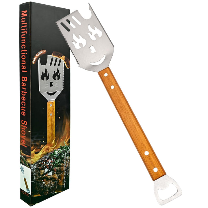 Grillbesteck-Set, 42cm Edelstahl-Spachtel mit Flaschenöffner, Holzgriff, Grillzubehör für draussen,