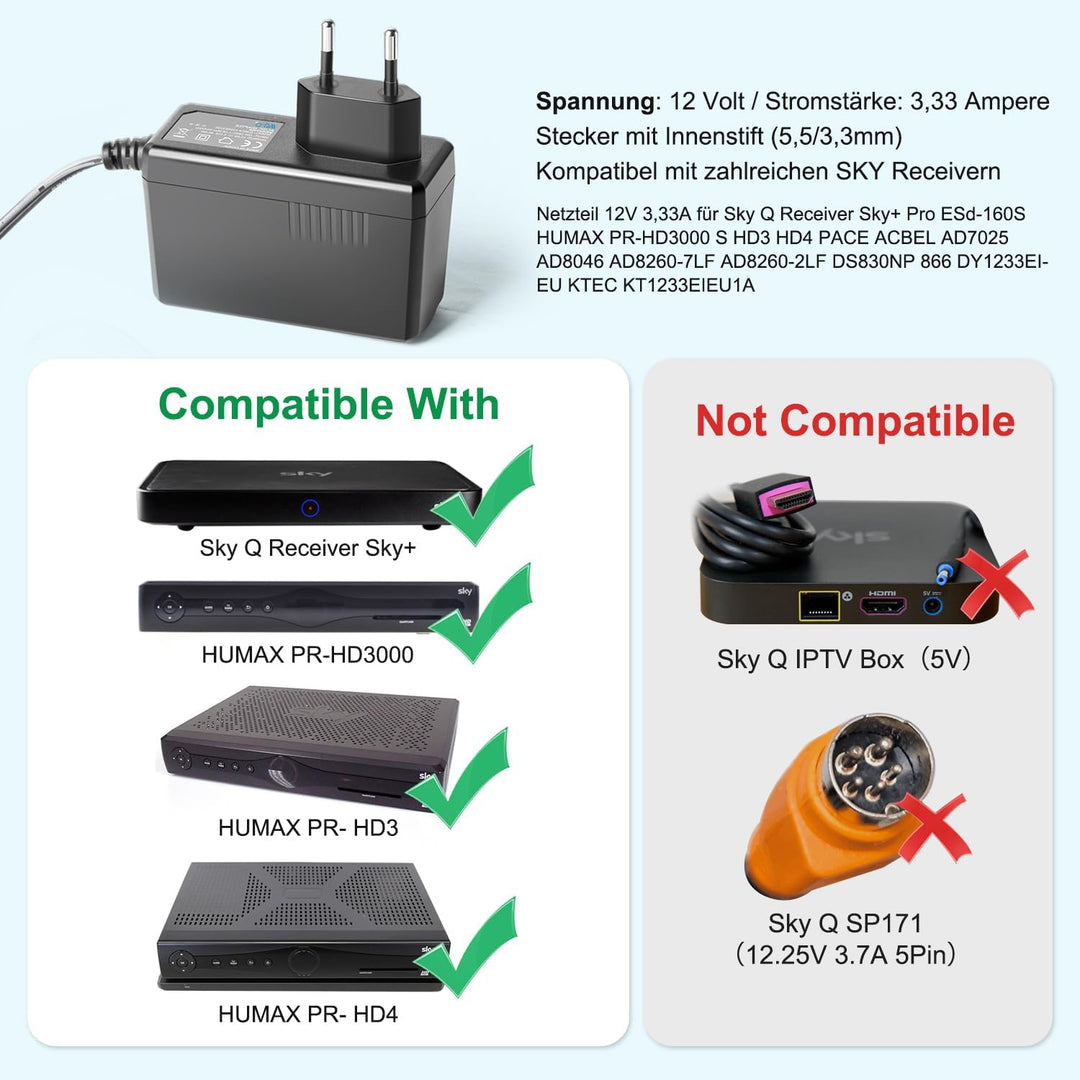 KFD Netzteil 12V 3,33A Ladegerät Ladekabel für Sky Q Receiver PR-HD3000 PR-HD3000 S HD3 HD4 Sky+ Pro
