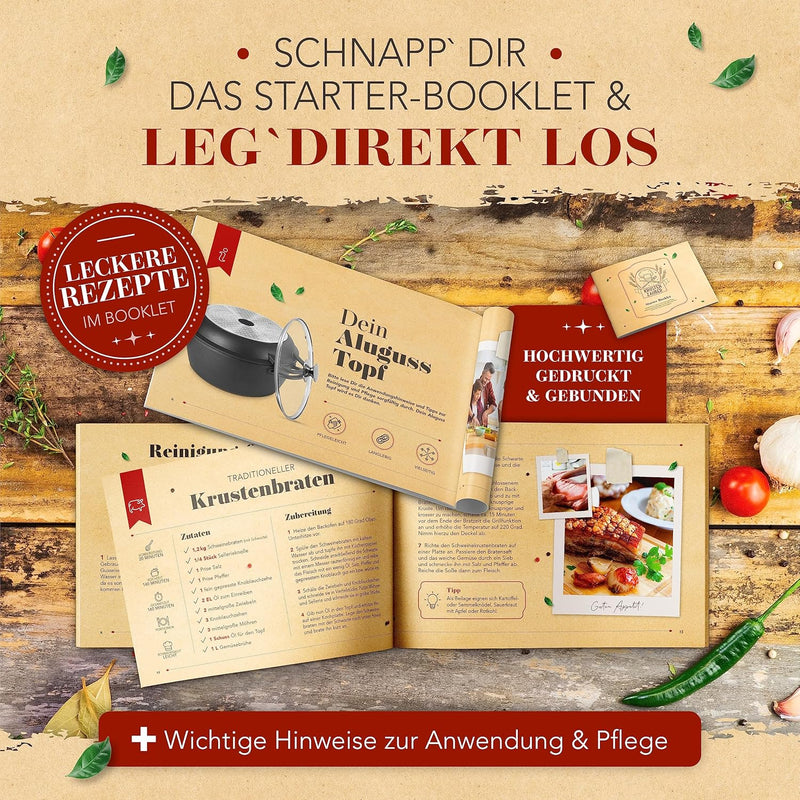 KRUSTENZAUBER 24cm Aluguss Bräter mit Deckel backofengeeignet [inkl. Glasdeckel] - 4L Aluminium Schm
