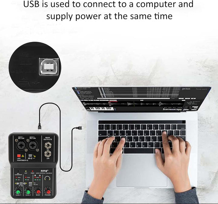 2-Kanal-Audio-Mixer,Professioneller Audio-Mixer, USB 48V Phantomspeisung, kompaktes Sound-Mischpult,