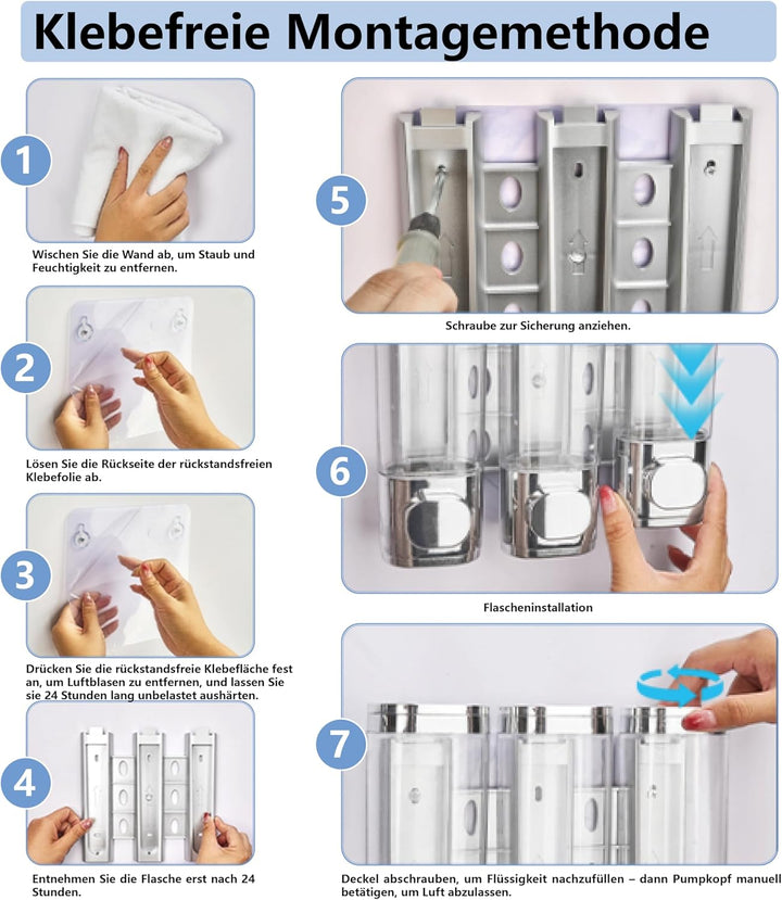 3-Kammer-Wand Shampoo Spender für Dusche Jeweils 300 ml, Duschgel Spender Wand Ohne Bohren für Badez