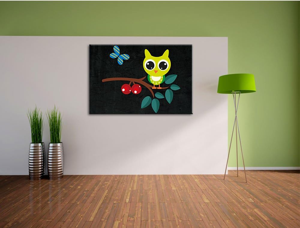 Pixxprint Eule auf AST mit Schmetterling / 100x70cm Leinwandbild bespannt auf Holzrahmen/Wandbild Ku