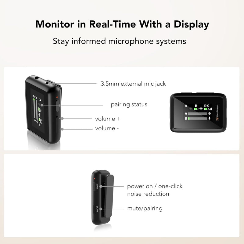 NearStream AWM20D Lavalier Mikrofon Wireless mit Geräuschunterdrückung, HD LCD-Bildschirm/200m Übert