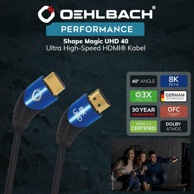 Oehlbach Shape Magic 40-8K Ultra High Speed 2.1 HDMI-Kabel - Zertifiziert 48 Gbps (40 Grad Winkelste