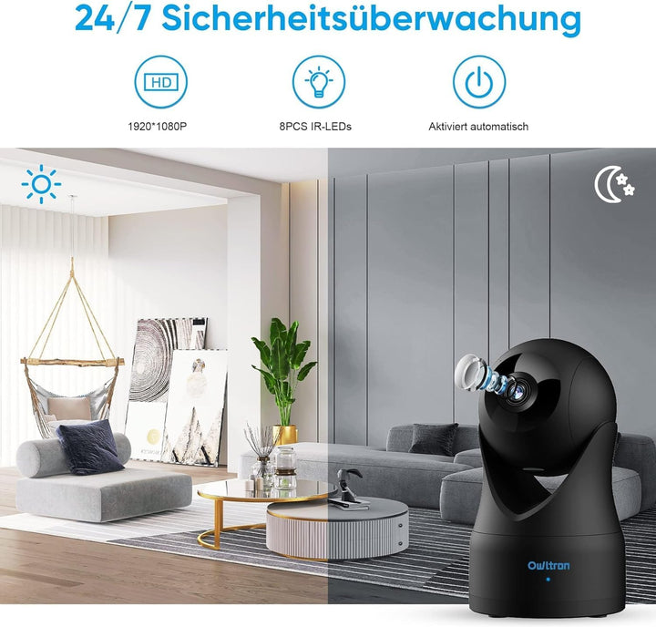 owltron Überwachungskamera innen, Babyphone mit Kamera und app, 360°WLAN IP Kamera mit Bewegungserke