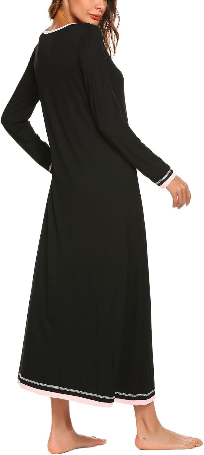 Ekouaer Damen Nachthemd Langarm Elegant Sleepshirt Weich Schlafkleid Lange Nachthemden Kontrastfarbe