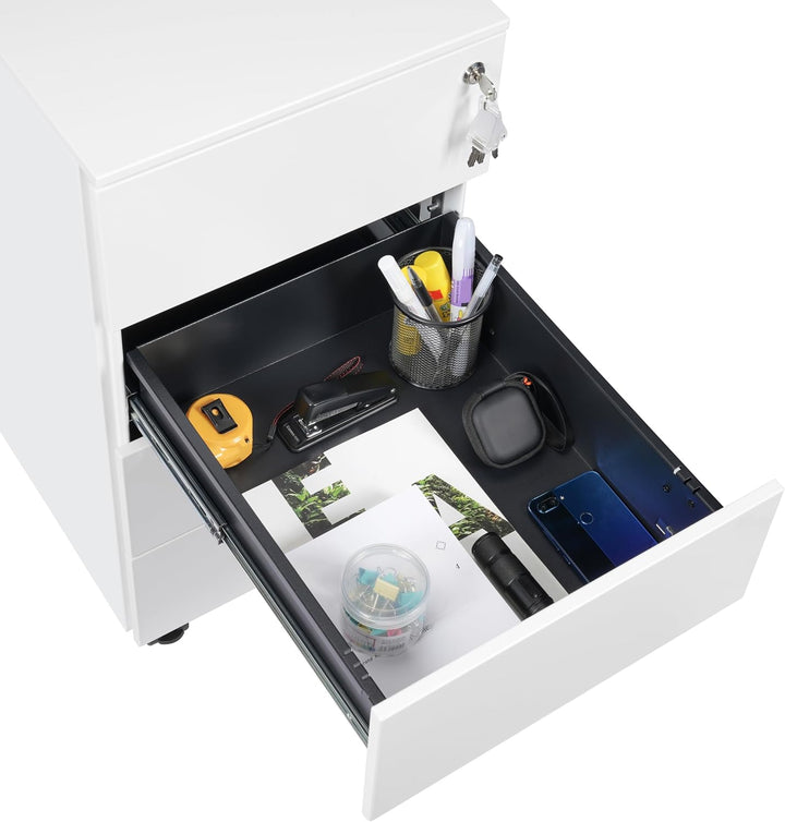 Rollcontainer mit Schubladen, Mobiler Aktenschrank unter Schreibtisch, Abschliessbarer Büroschrank,