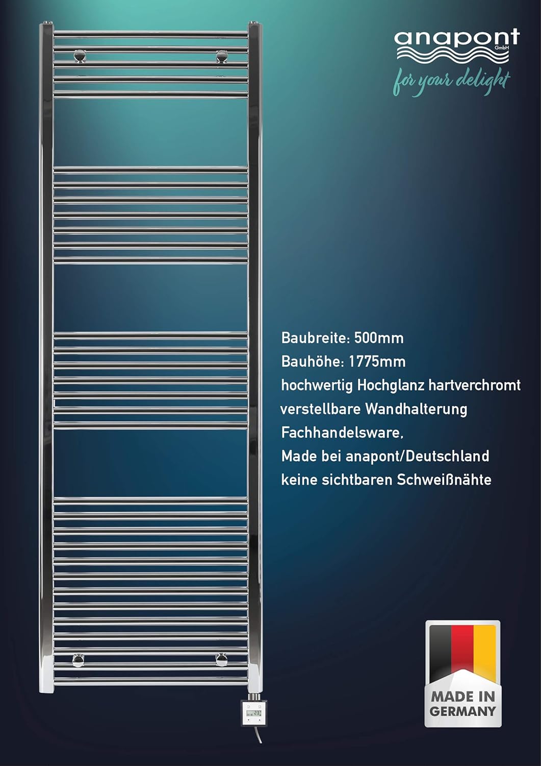 anapont elektrischer Badheizkörper - gerade - Chrom - Timer-Funktion - Handtuchheizkörper - Badheizu