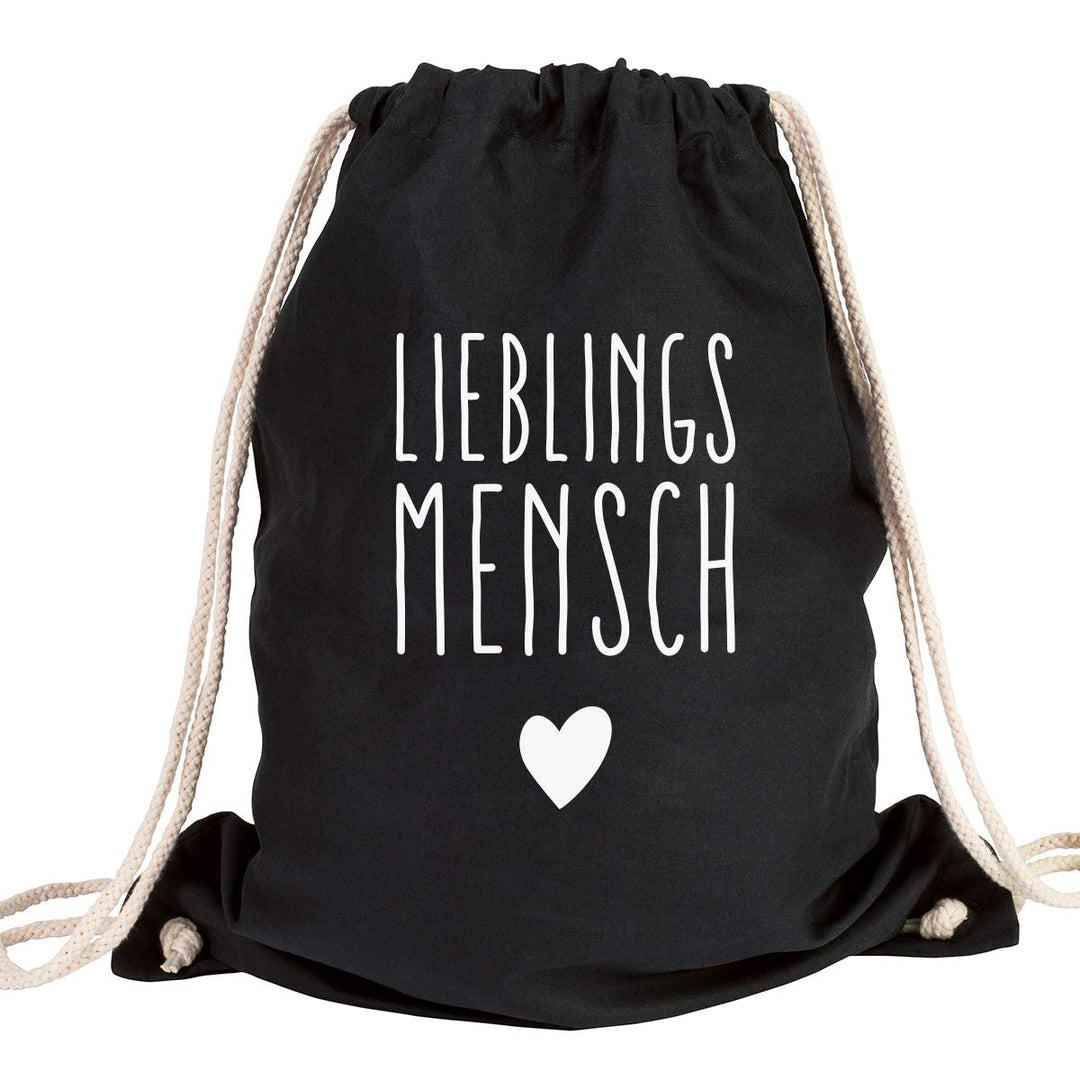 JUNIWORDS Turnbeutel - Wähle eine Farbe - "Lieblingsmensch mit Herz" - Beutel: Schwarz, Text: Weiss,