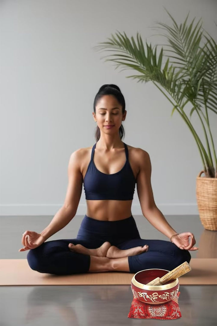 Ajuny Tibetische Klangschale Set Handgefertigte Messing-Schale In Rot mit Stock & Kissen Meditation