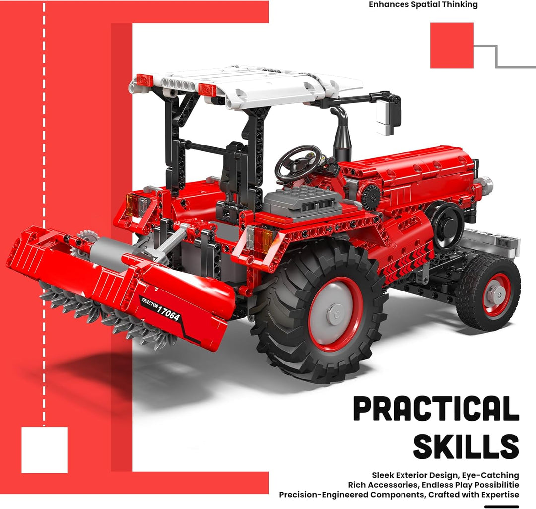 Mould King Traktor-Bausatz, 17064 Landwirtschaftsmodell mit Motor und Fernbedienung, 3 Front-Anbauge