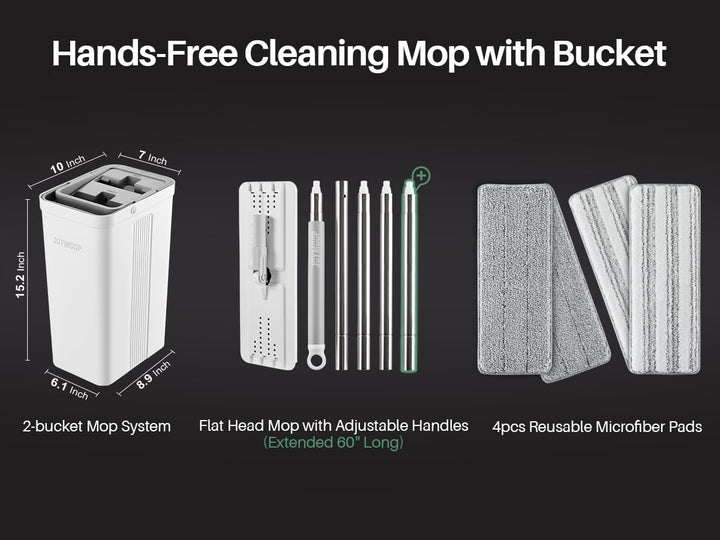 JOYMOOP Wischmopp und Eimer mit Auswringer-Set, Weiss Flach Squeeze Mop Eimer Set für Bodenreinigung