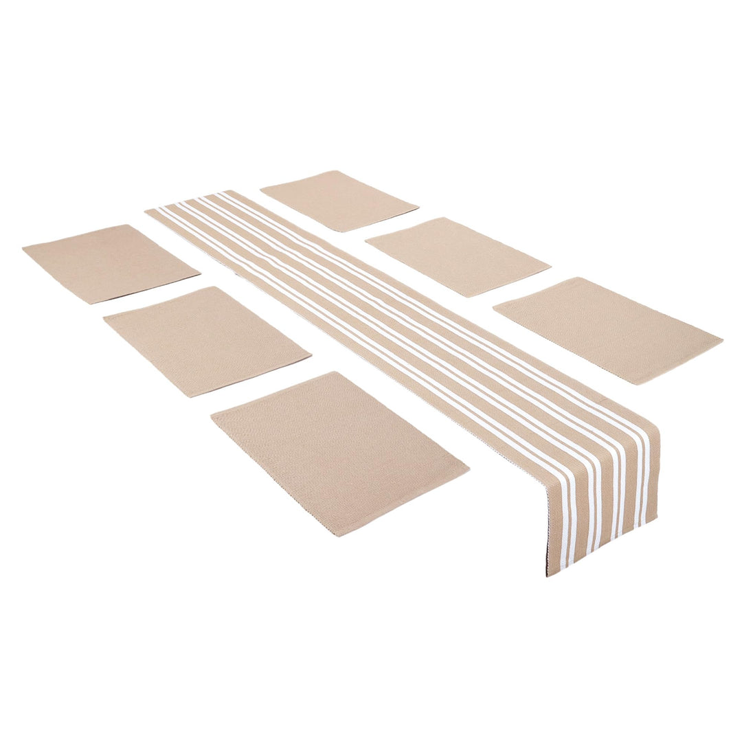 Encasa Homes Esszimmer-Set (6 Tischsets + 1 Tischläufer) | Franca Beige | Fein gerippte Baumwolle |