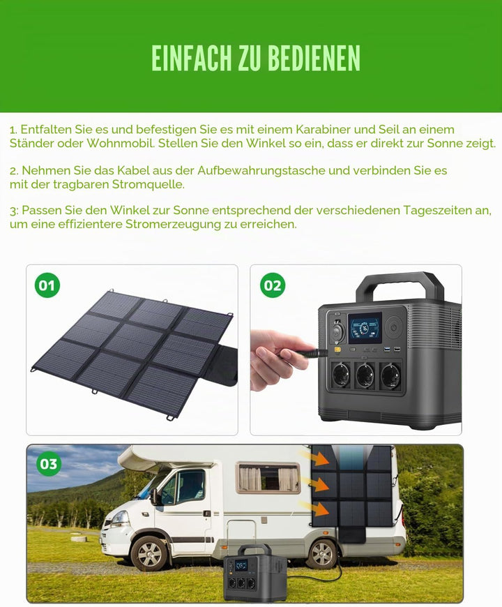 Faltbares Solarpanel 200W, 3m Kabel, 22% Umwandlungseffizienz, IP67 wasserdicht, tragbares Solarlade