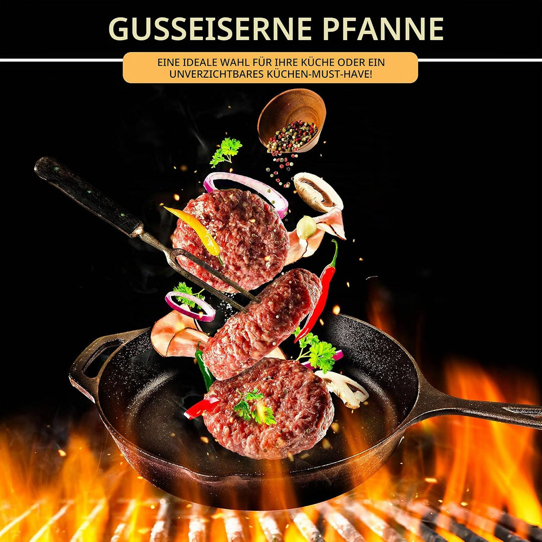 KICHLY Vorgewürzte gusseiserne Pfanne - 10,25 Zoll (26 cm) gusseiserne runde Bratpfanne für Herd und