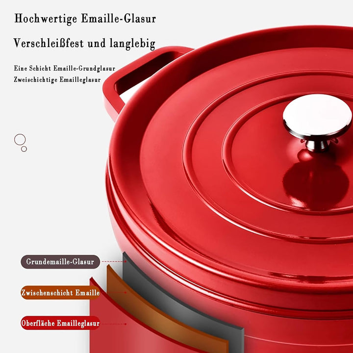 Emailletopf Gusseisen Schmortopf Antihaft mit Deckel: 3.8L Kapazität Kitchen Topf 360° Wärmeleitung