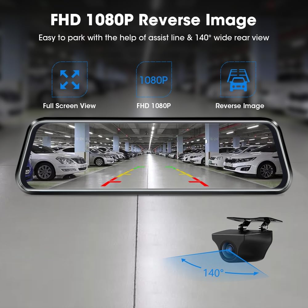 Jansite Spiegel Dashcam 10'' Touch Screen Full HD 1080P, Autokamera Rückfahrkamera mit 10 Meter Kabe
