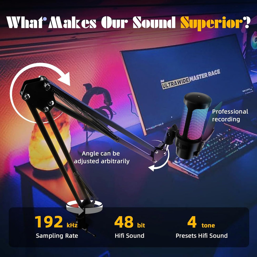 VCOM Gaming Mikrofon mit Arm, USB Microphone Kit mit RGB Modi, Mute, Pop-Filter, PC Mikrofon für Pod