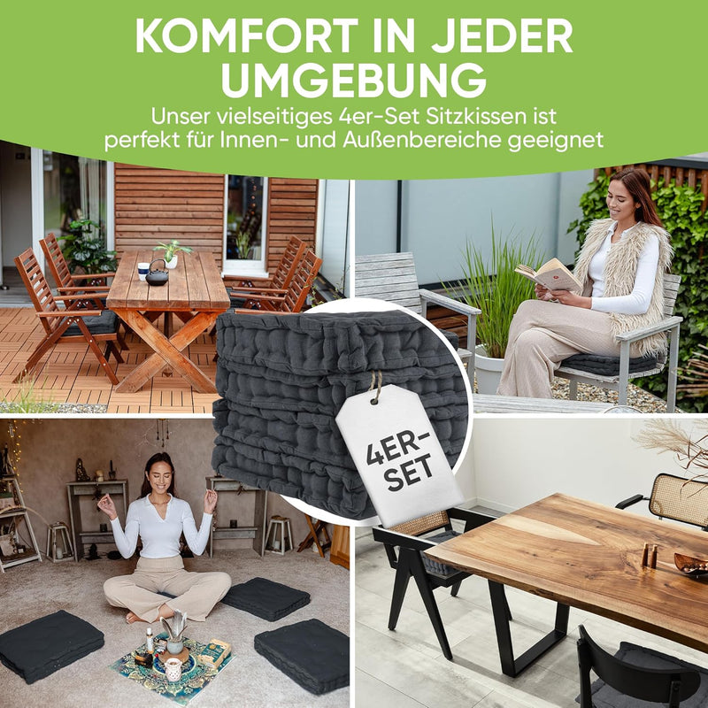 Gräfenstayn® 4er-Set Sitzkissen Stuhlkissen 40x40x8cm für Indoor und Outdoor aus 100% Baumwolle Dick