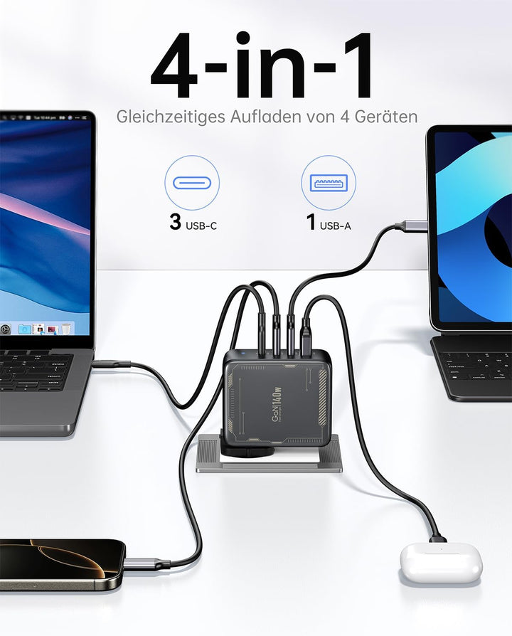 SELORE 140W USB C Ladegerät GaN 4-Port Schnellladegerät mit 2m 140W USB C auf USB C Kabel, PD 3.1 Ne