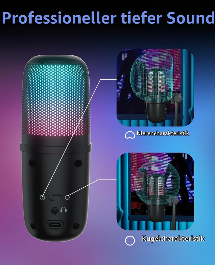 USB Gaming Mikrofon für PC, RGB Kondensator Mikrofon mit Adapter für Handy,Stumm/Gain, Anti-Plosive