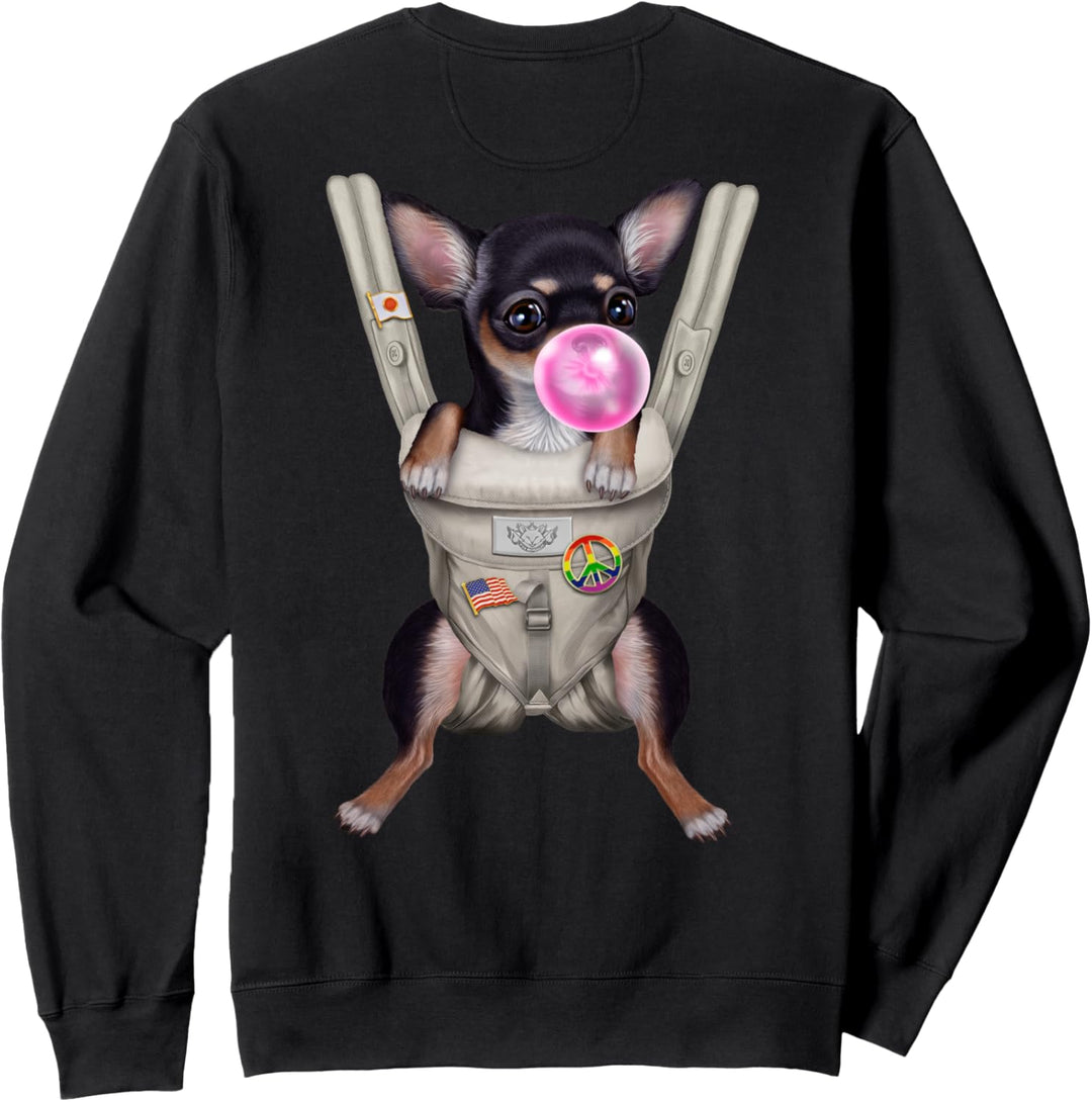 Schwarzer Chihuahua-Hund mit Kaugummi in der Babytrage Sweatshirt