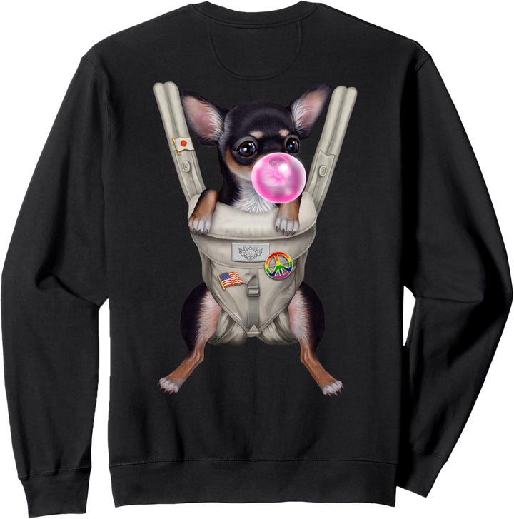 Schwarzer Chihuahua-Hund mit Kaugummi in der Babytrage Sweatshirt