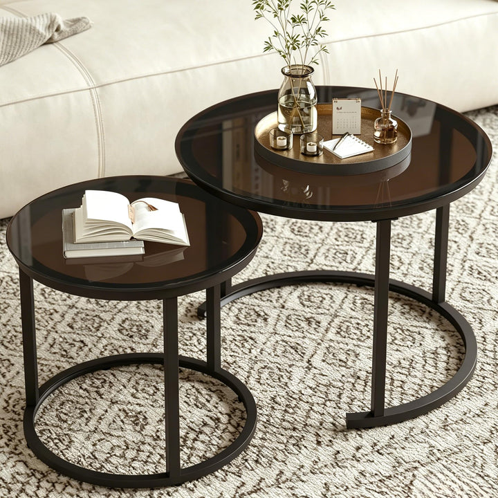 Hawthyhome 2 Stücke Beistelltisch Set rund, Moderne Kaffeetische, Couchtisch aus Glas mit Metallrahm