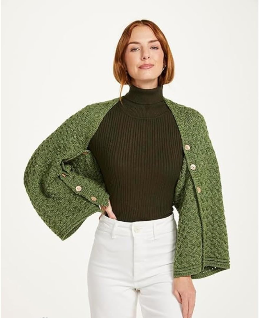 Irischer Aran Poncho Strickponcho Umhang Wollponcho aus 100% Merinowolle für Damen Einheitsgrösse Wi