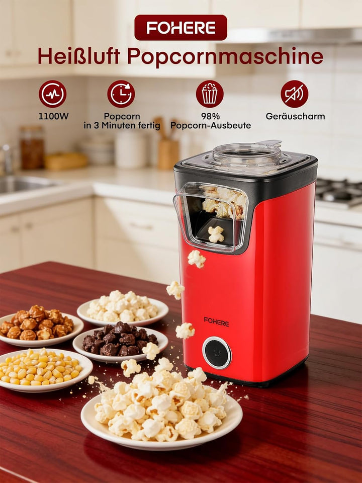 FOHERE Heissluft Popcornmaschine, 1100W Popcorn Maker Maschine, Mit Messbecher, Transparente Abdecku