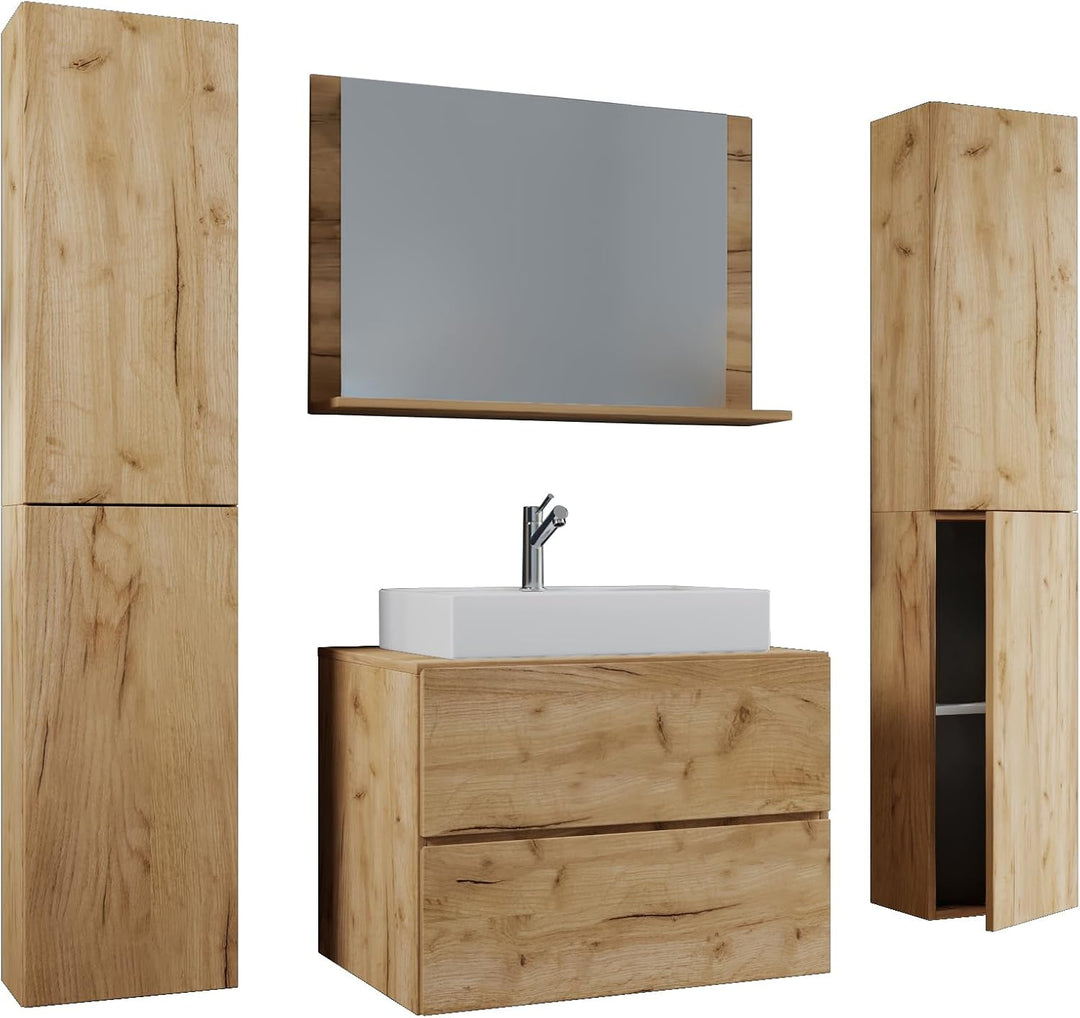 VCM 5-TLG. Waschplatz Waschtisch Badmöbel Set Waschbecken Lendas XL Schublade 80, Honig-Eiche, Honig