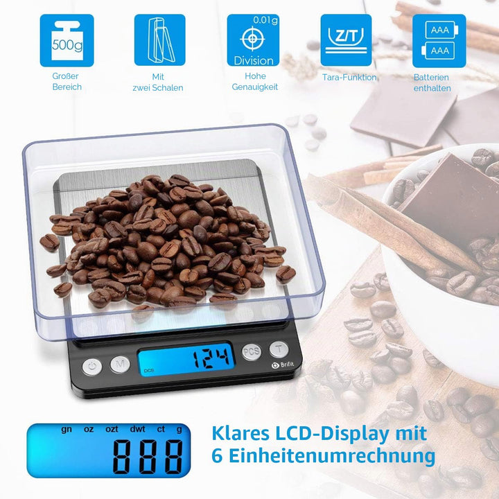 Brifit Feinwaage 0.01g, 500g / 0,01g Digitale Waage, Taschenwaage mit EIN 100g Edelstahl Kalibrierge