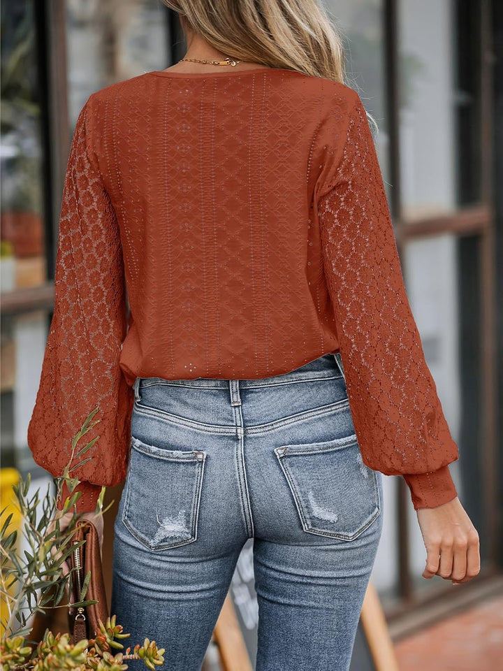 CUPSHE Damen Blusen V-Ausschnitt Spitzen Wellenkante Puffärmel Langarmshirt Lässige Lace Oberteile T