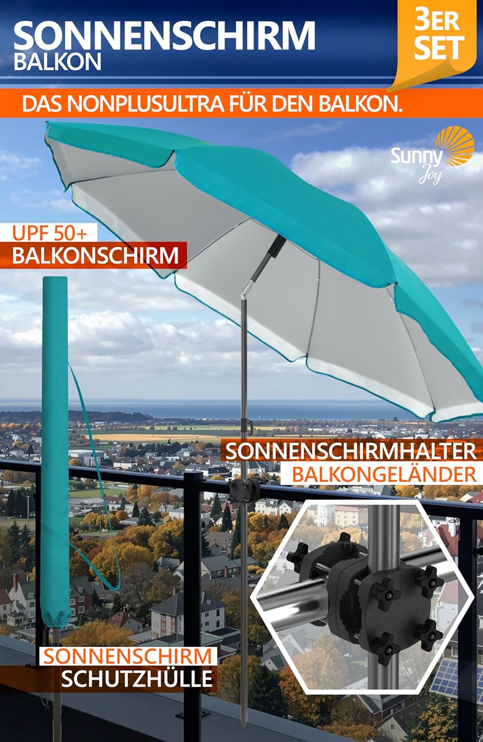 4smile Sonnenschirm Balkon SunnyJoy im 3er-Set - UPF 50+ Balkon Schirm 180 cm + Sonnenschirmhalter B