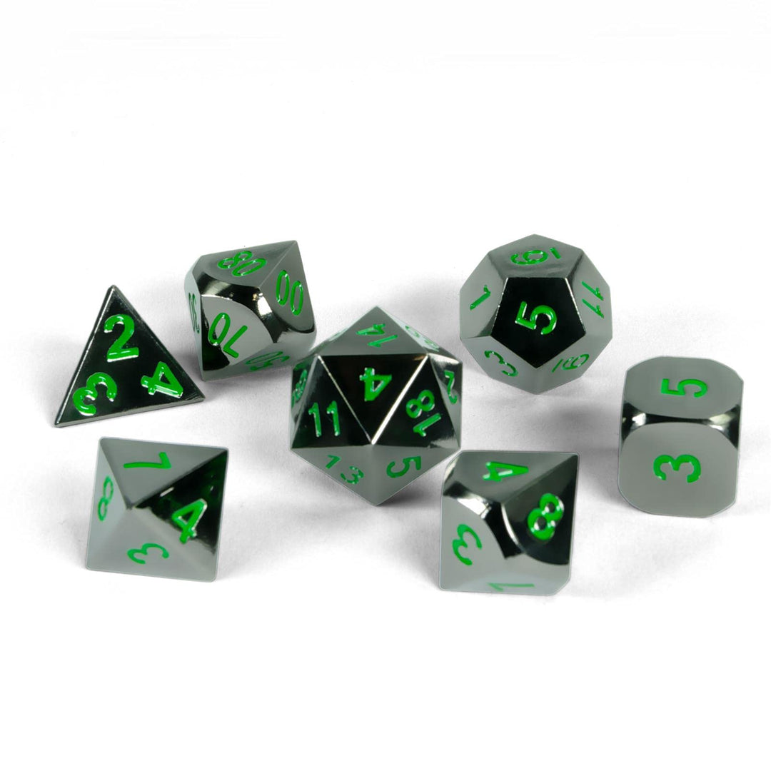 shibby 7 polyedrische Metall-Würfel - Verchromt - für Tabletop und Rollenspiele inkl. Aufbewahrungsb