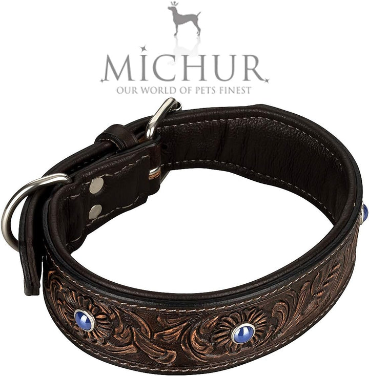 MICHUR Antonio Hundehalsband Leder, Lederhalsband Hund, Halsband, BRAUN, Leder, mit blauen Steinchen