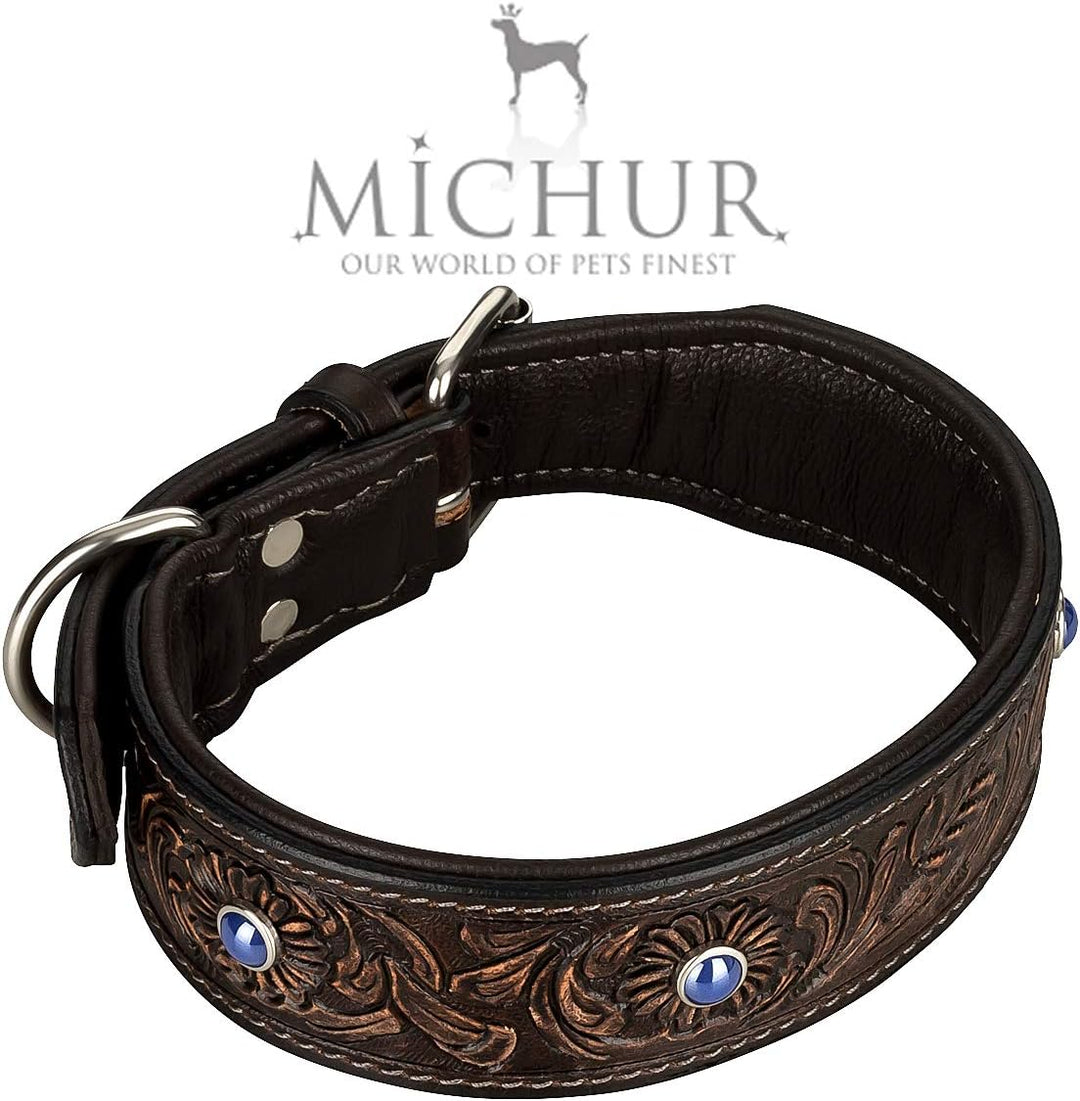 MICHUR Antonio Hundehalsband Leder, Lederhalsband Hund, Halsband, BRAUN, Leder, mit blauen Steinchen