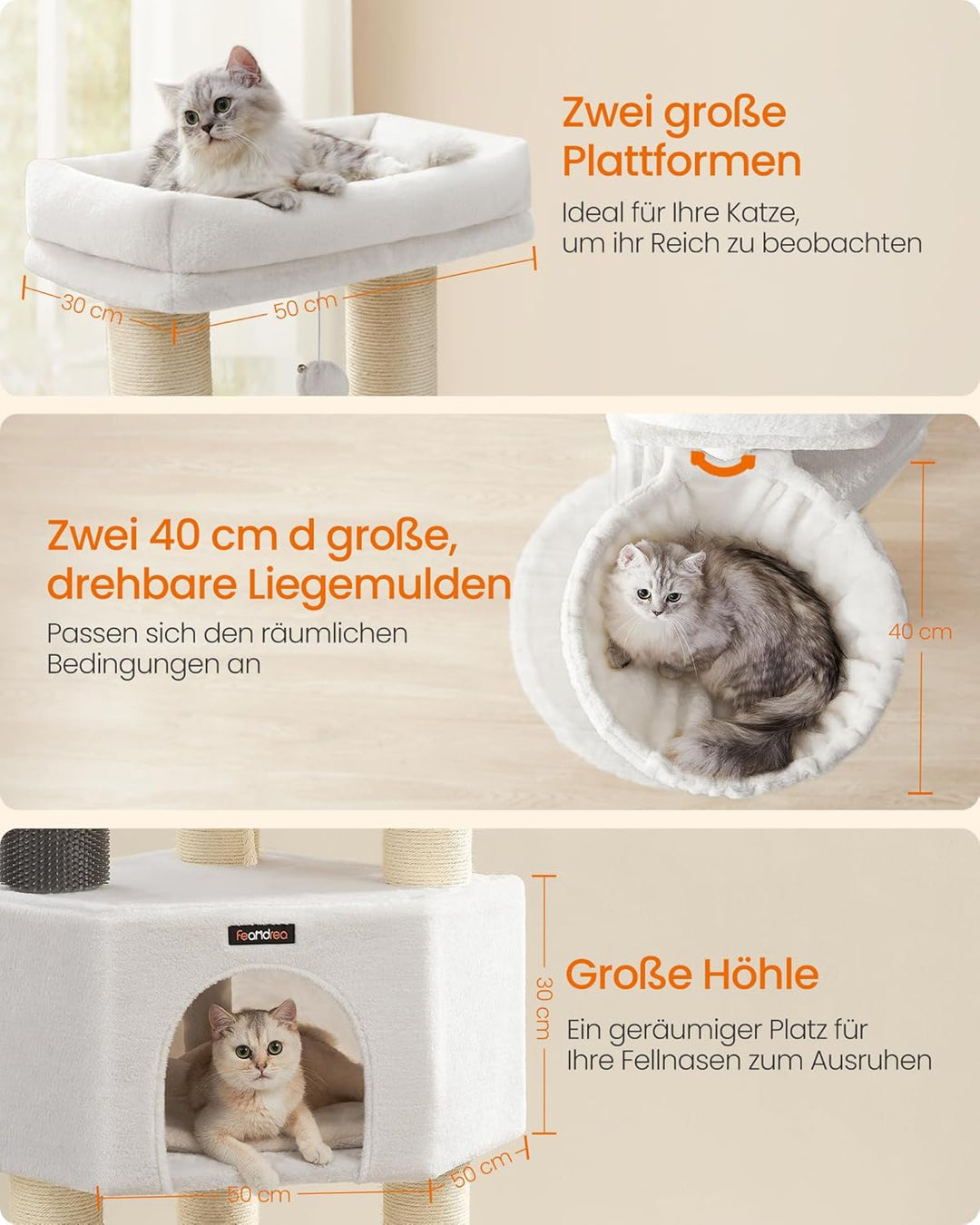 Feandrea Kratzbaum, mit warmen Decken, für grosse Katze, Katzenbaum, 2 Katzenbürsten, 11,1 cm d Dick